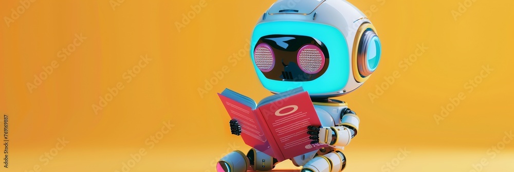 The robot holds a book in his hands and looks at it