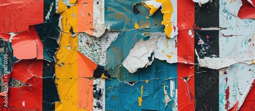 A detailed close-up of a wall with peeling paint in various bright colors revealing the layers beneath photo