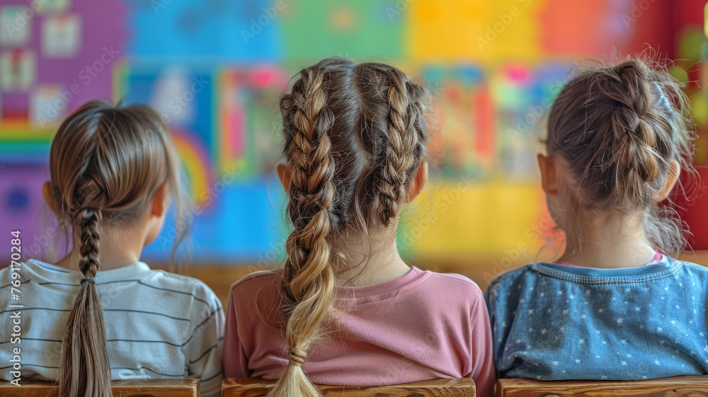 Back view children group. Preschool education.generative ai Back view children group. Preschool education.generative ai