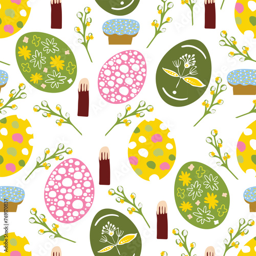 seamless easter pattern with easter eggs flowers and easter cake