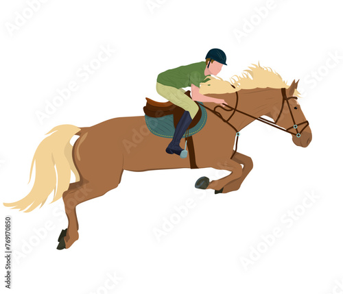 vector illustration of a jockey on a horse in a high jump. The theme of equestrian sports, training and animal husbandry. Isolated on a white background  © NataSao