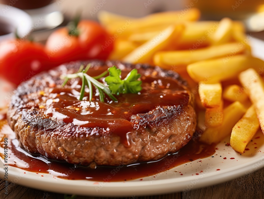 Grilled beefsteak with french fries and tomato sauce on wooden table Grilled beefsteak with french fries and tomato sauce on wooden table