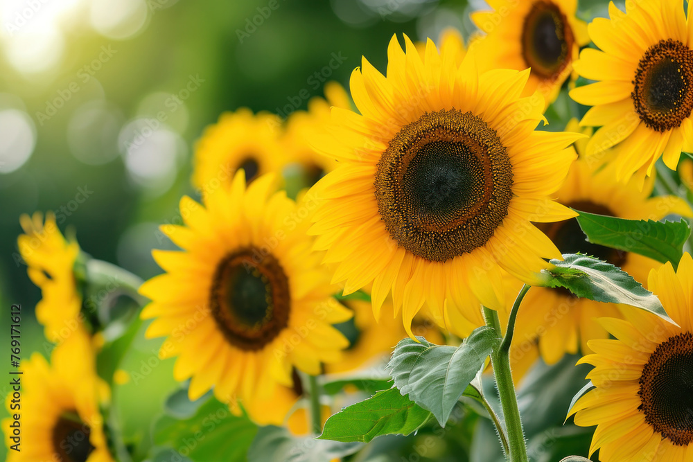 Naklejka premium Beautiful Sunflower Field with Bright Sun Blooming in the Background on a Sunny Day