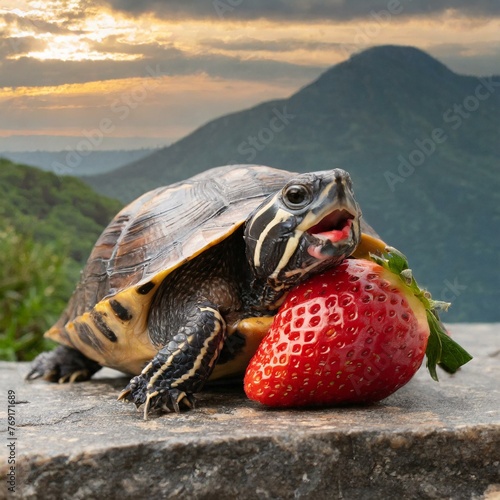 Turtle eating a strawberry