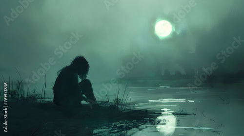 Dark Person Meditating in the Middle of the Water at Night