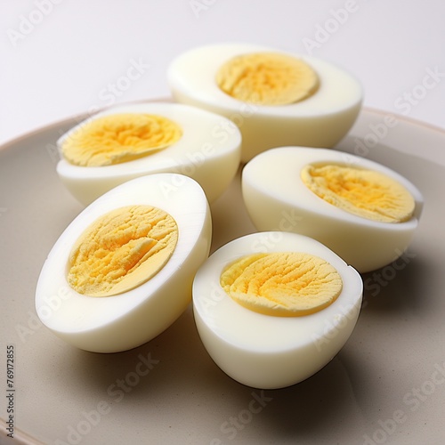Boiled eggs on plate, close-up. Healthy food concept