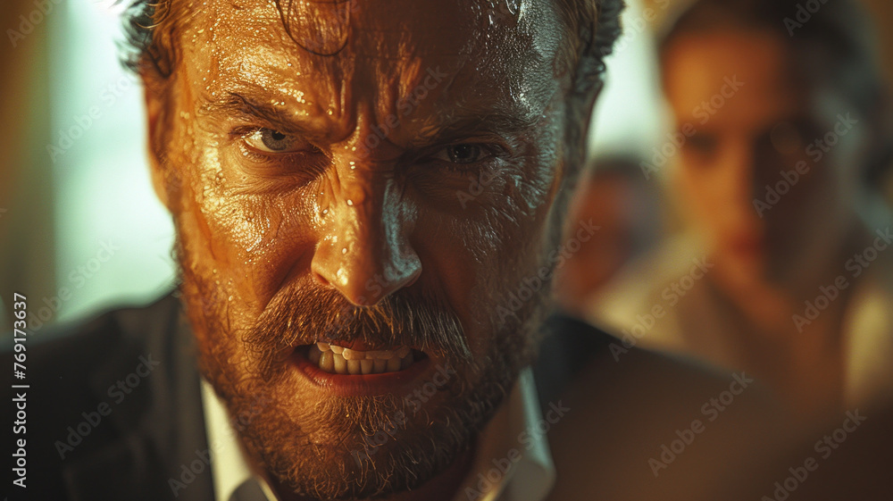 An enraged man confronts others after losing his fortune in a lavish office setting.generative ai An enraged man confronts others after losing his fortune in a lavish office setting.generative ai