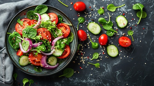 Healthy vegetable salad of fresh tomato, cucumber, onion, spinach, lettuce and sesame on plate