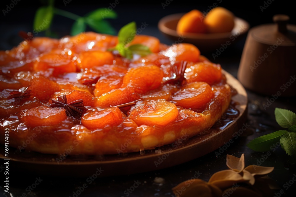 Homemade Tarte tatin cake with fresh apples on dark background Homemade Tarte tatin cake with fresh apples on dark background
