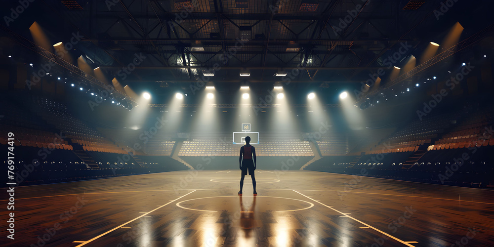 Obraz premium A basketball player in an empty basketball court is illuminated by spotlights, creating dramatic lighting effects. An empty basketball arena or stadium with spotlights, polished wood, and fan seats.