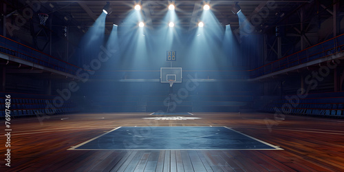 An empty basketball court is illuminated by spotlights, creating dramatic lighting effects. The scene depicts an empty basketball arena or stadium with spotlights, polished wood, and fan seats. © jex