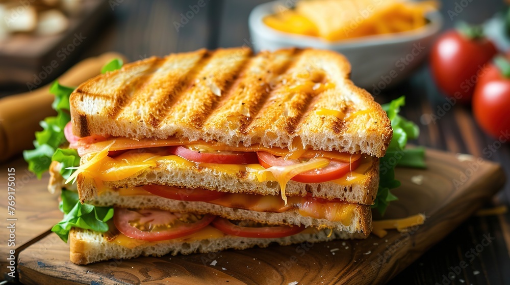 Grilled and pressed toast with smoked ham, cheese, tomato and lettuce