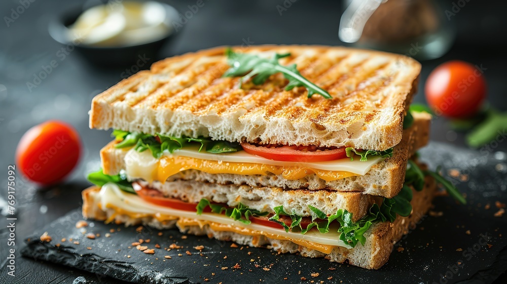 Grilled and pressed toast with smoked ham, cheese, tomato and lettuce Grilled and pressed toast with smoked ham, cheese, tomato and lettuce