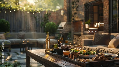 an image of a cozy outdoor patio with a sophisticated cocktail table, displaying a tempting spread of food, with the spotlight on a refreshing beer bottle photo