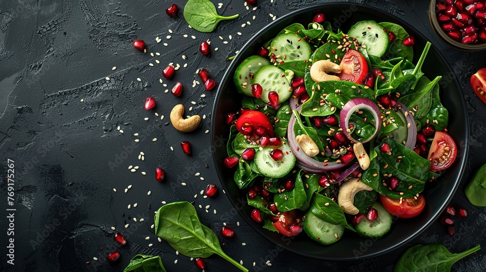 Healthy vegetable salad of fresh tomato, cucumber, onion, spinach, lettuce and sesame on plate