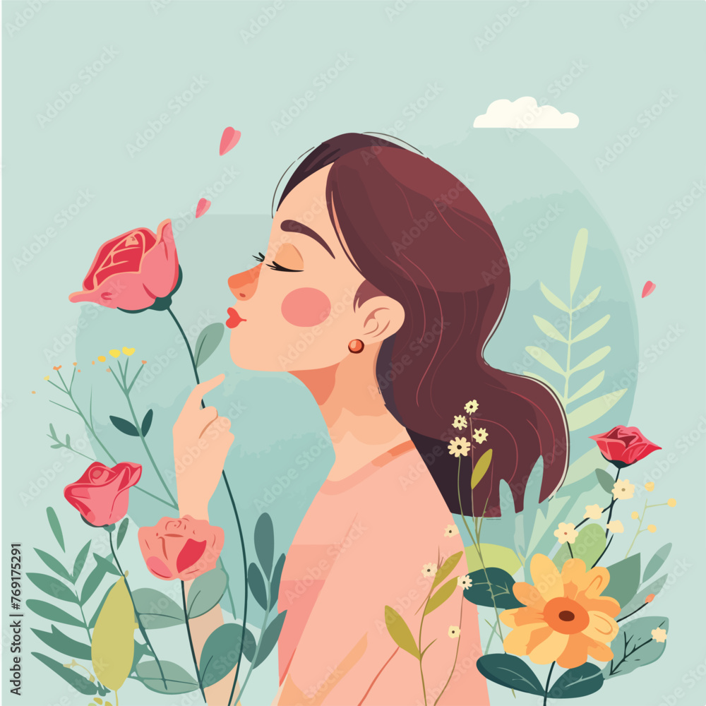 Woman smelling rose surrounded by flowers cartoon v