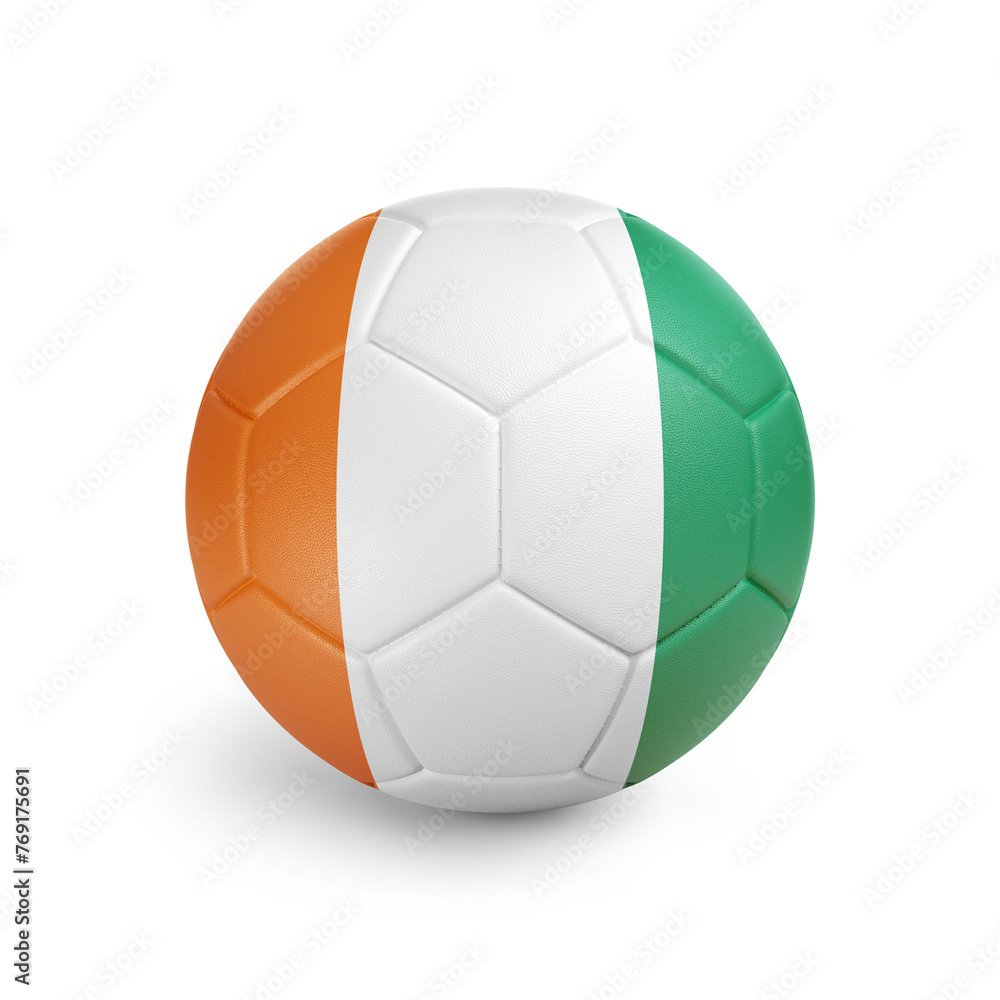Soccer ball with Ivory Coast team flag, isolated on white background