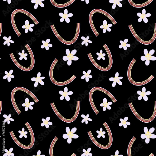 Cartoon retro rainbow and flowers seamless weather pattern for wrapping paper and fabrics and kids clothes print