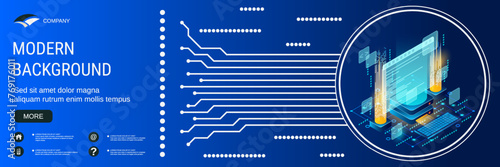 Digital technology banner vector design template. Code processing, software development, program coding 3d isometric concept