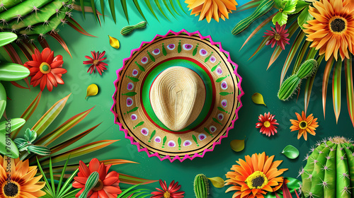 Superb Mexican sombrero hat with cactus illustration with copy space for cinco de mayo