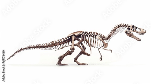 captivating image of a dinosaur skeleton showcased against a pristine white background. The intricate details of the fossilized bones are brought to life  capturing the essence of a creature from a by