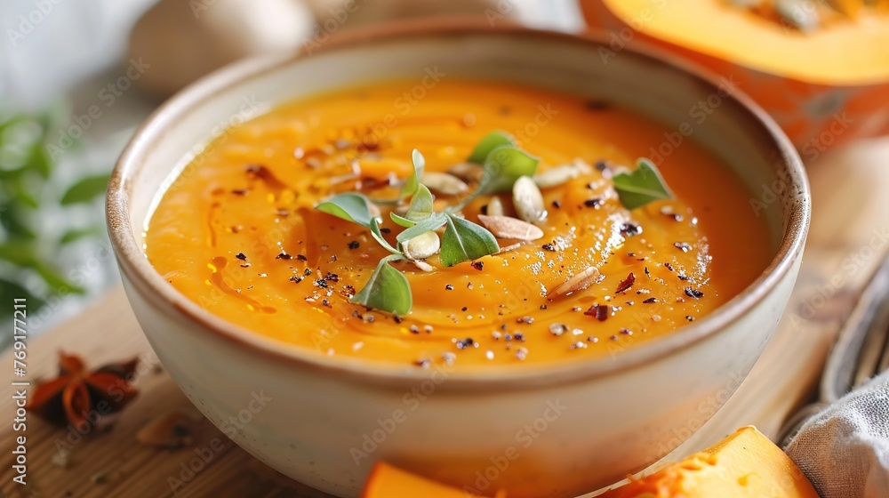 Pumpkin soup with thyme herb, cream and pumpkin seeds served in black bowl, top view Pumpkin soup with thyme herb, cream and pumpkin seeds served in black bowl, top view
