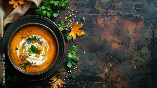 Pumpkin soup with thyme herb, cream and pumpkin seeds served in black bowl, top view