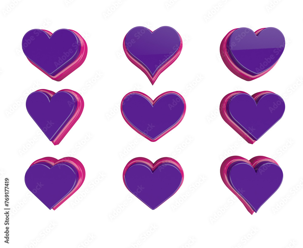 various formats of pink and gold hearts 3D shape rendered in png for high quality composition