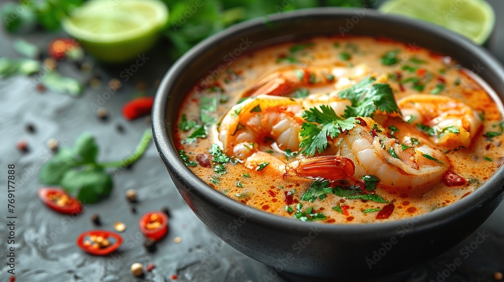tom yum kung Spicy Thai soup with shrimp in a black bowl on a dark stone background tom yum kung Spicy Thai soup with shrimp in a black bowl on a dark stone background