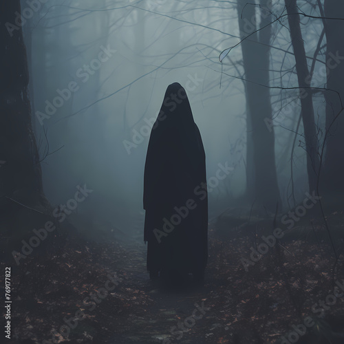 A mysterious figure in a hooded cloak in a misty forest