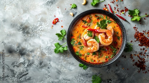 tom yum kung Spicy Thai soup with shrimp in a black bowl on a dark stone background