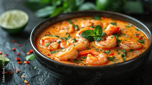 tom yum kung Spicy Thai soup with shrimp in a black bowl on a dark stone background