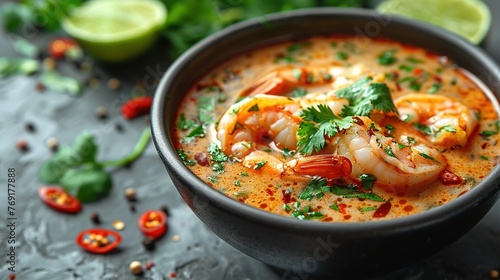 tom yum kung Spicy Thai soup with shrimp in a black bowl on a dark stone background