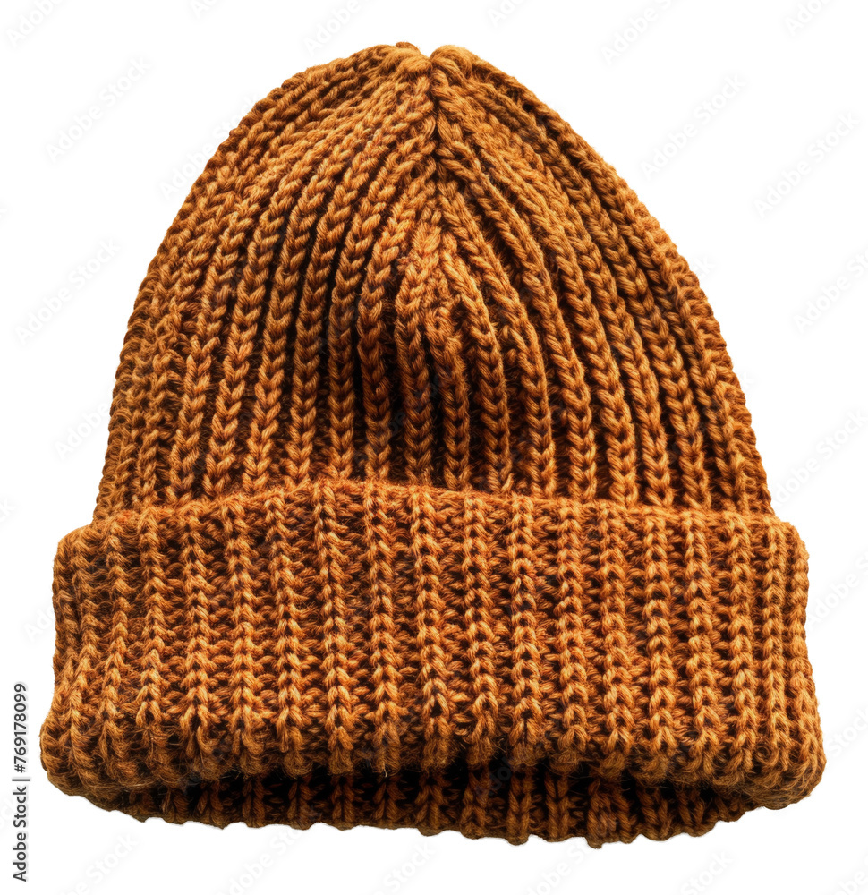 Fototapeta premium Golden yellow knitted winter hat, cut out - stock png.
