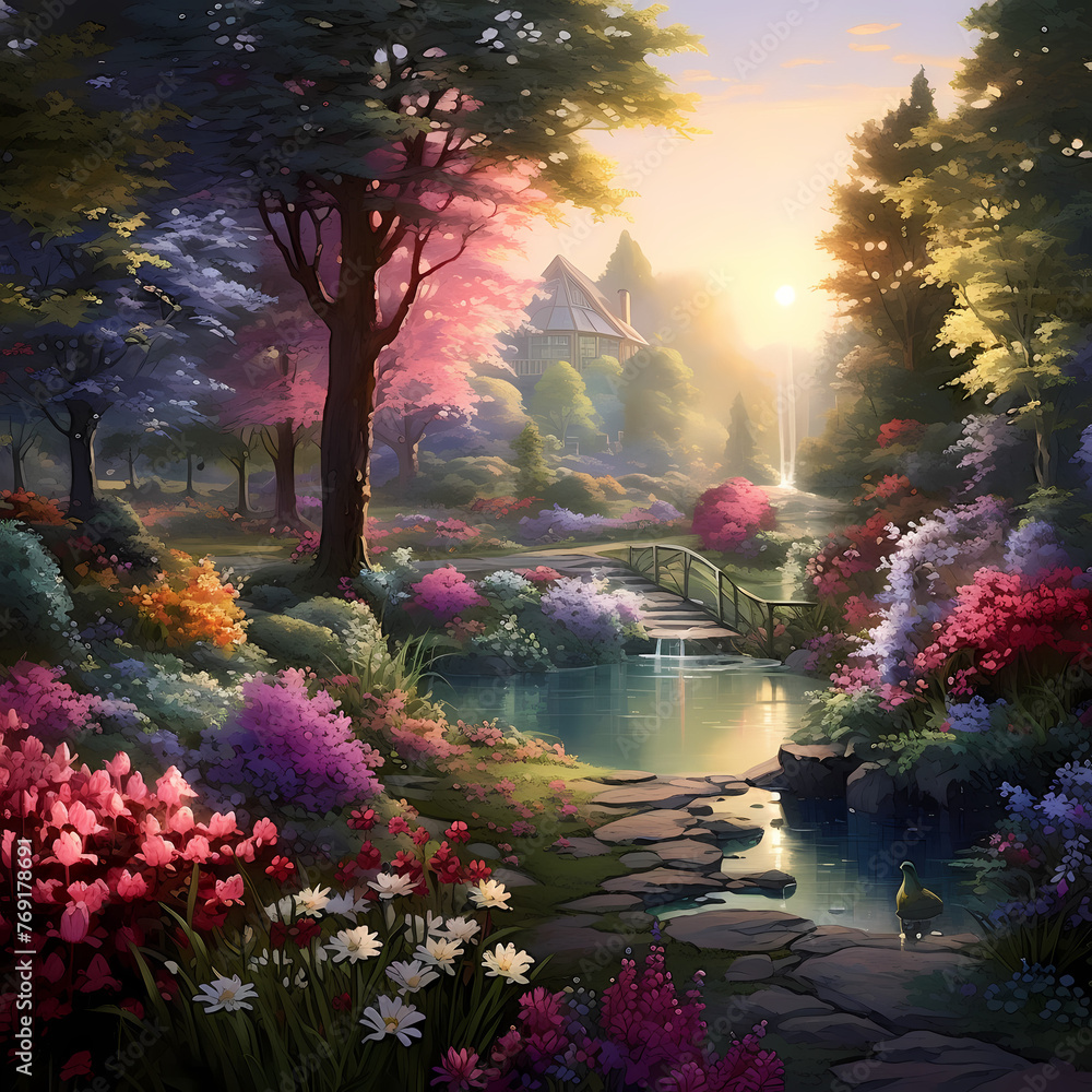A tranquil garden with blooming flowers. 
