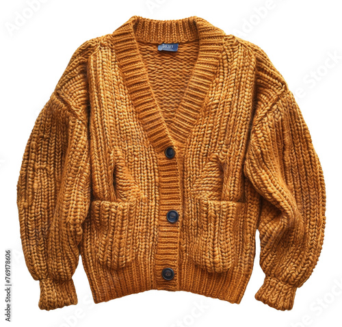 Chunky knit orange cardigan with deep pockets, cut out - stock png.