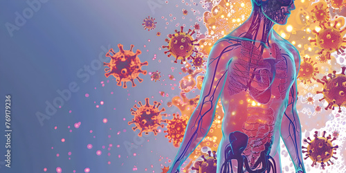 A graphical representation of the human immune system, a complex network of organs, cells and proteins that fight infection (microbes)