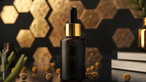 a visually stunning representation of a top-tier bee wax elixir with professional product photography, showcasing the sleek dropper bottle and the premium feel of the black and gold color palette