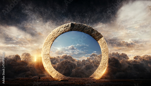 A large Stargate, golden circle star gate is surrounded by clouds and the sky. The sky is a mix of blue and orange, creating a moody atmosphere. The circle appears to be a gateway or a portal photo