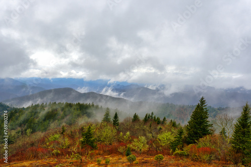 A Blue Ridge Parkway dreamland landscape in the cloudy Pisgah mountains in Spring rain in the United States © Mark Alan Howard