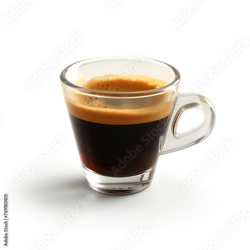 Fresh Espresso Coffee in Clear Glass Mug, White Background, Close-up View