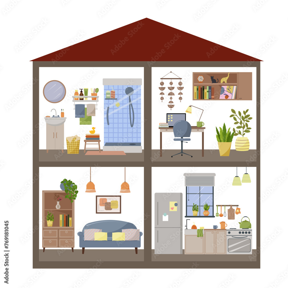 Doll house of four sections. Section of the building. Concept of rooms with furniture. Office with a computer. Bedroom - living room with sofa. Kitchen with window. Bathroom with shower. Flat style Doll house of four sections. Section of the building. Concept of rooms with furniture. Office with a computer. Bedroom - living room with sofa. Kitchen with window. Bathroom with shower. Flat style