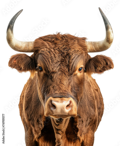 Majestic brown bull with long horns facing forward, cut out - stock png.