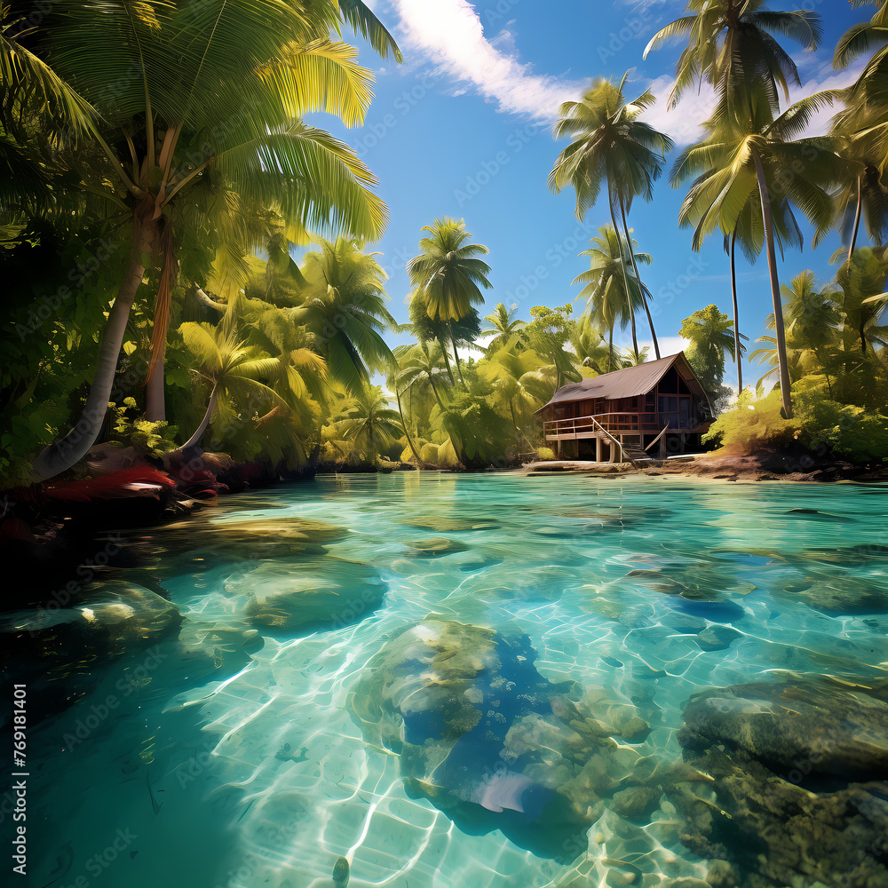 Lush tropical paradise with palm trees and crystal clear water