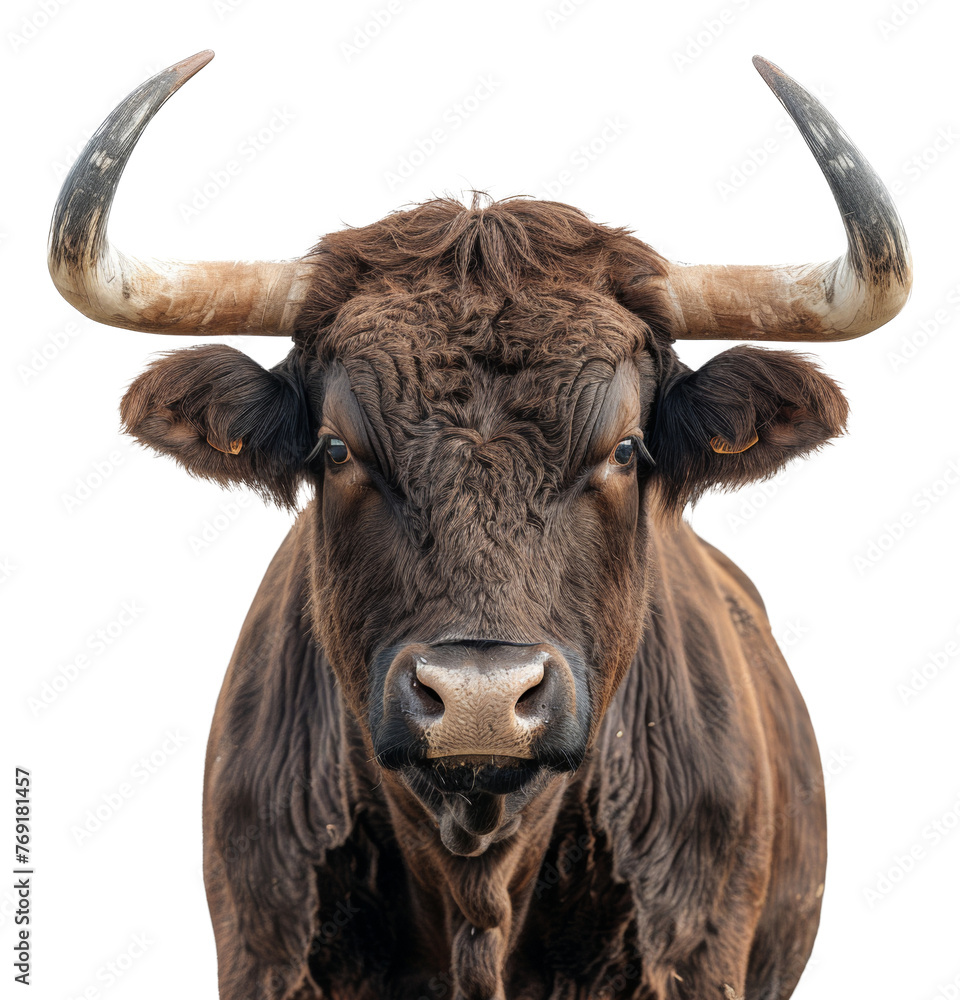 Majestic brown bull with long horns facing forward, cut out - stock png. Majestic brown bull with long horns facing forward, cut out - stock png.
