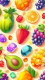 A playful fruit explosion pattern, showcasing an assortment of tropical fruits, against a backdrop of the colorful gemstones created with Generative AI Technology