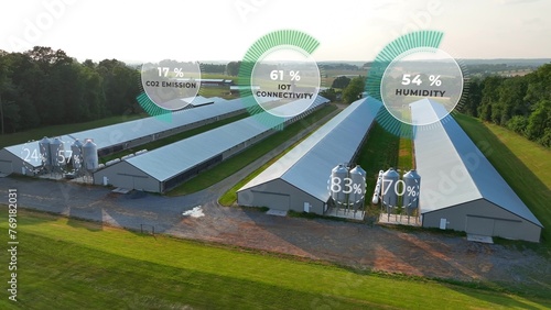 Chicken houses with overlay of data graphics on CO2, humidity, and IoT connectivity. Aerial of futuristic farming in USA with graphic data metrics photo