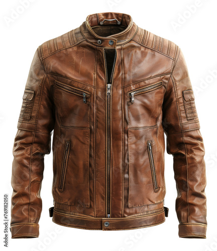 Tan leather motorcycle jacket with zipper details, cut out - stock png.