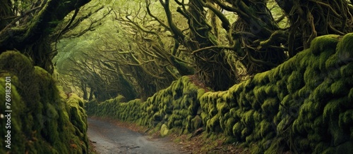 The scenic pathway is surrounded by lush green moss growing along its edges, creating a serene and natural landscape