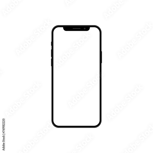 black smartphone mockup front view, white screen display, flat vector illustration
